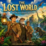 The Lost World audiobook cover featuring explorers and dinosaurs on a prehistoric jungle plateau