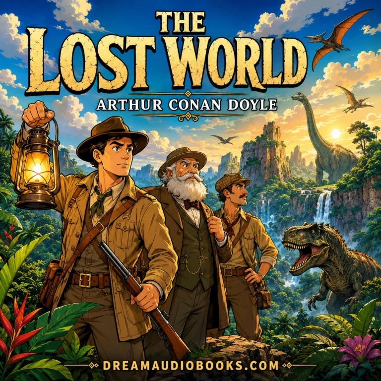 The Lost World audiobook cover featuring explorers and dinosaurs on a prehistoric jungle plateau