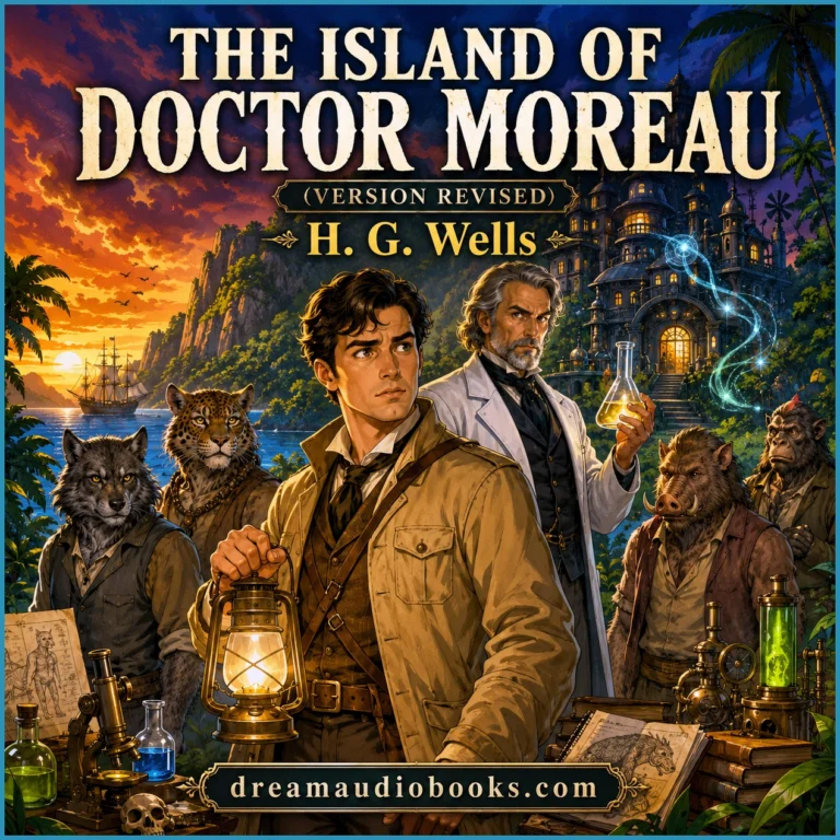 The Island of Doctor Moreau audiobook cover featuring Edward Prendick, Doctor Moreau, and the Beast Folk on a mysterious tropical island.