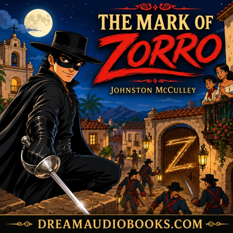The Mark of Zorro audiobook cover featuring the masked hero Zorro overlooking a Spanish colonial town at night