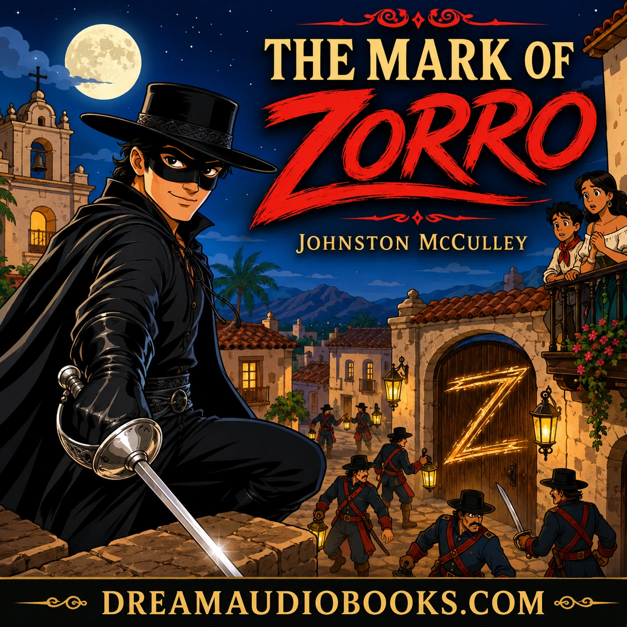 The Mark of Zorro audiobook cover featuring the masked hero Zorro overlooking a Spanish colonial town at night