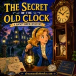 The Secret of the Old Clock audiobook cover featuring Nancy Drew investigating a mysterious grandfather clock in front of a Victorian mansion at dusk.