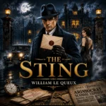 The Sting audiobook cover featuring an elegant gentleman and a mysterious masked woman in a luxurious Art Deco setting filled with intrigue, secrets, and suspense.