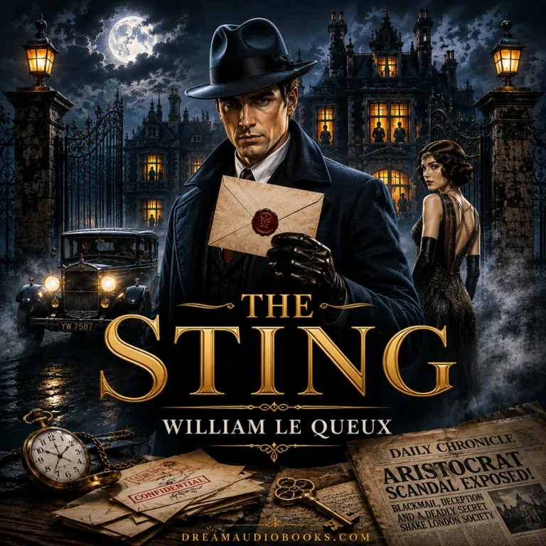 The Sting audiobook cover featuring an elegant gentleman and a mysterious masked woman in a luxurious Art Deco setting filled with intrigue, secrets, and suspense.