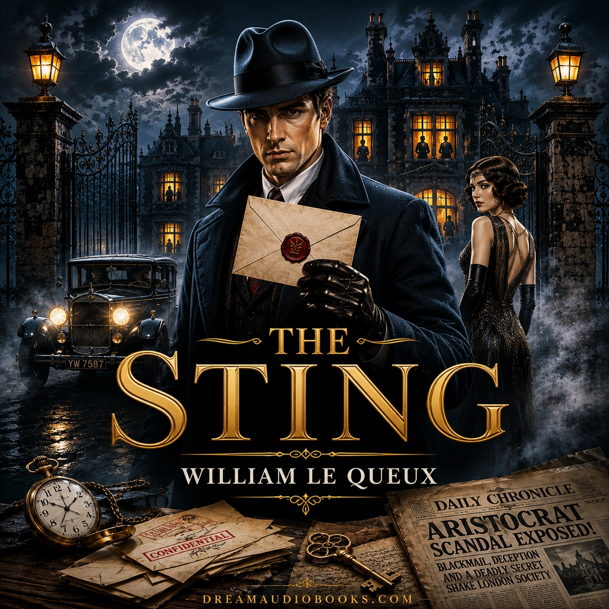 The Sting audiobook cover featuring an elegant gentleman and a mysterious masked woman in a luxurious Art Deco setting filled with intrigue, secrets, and suspense.