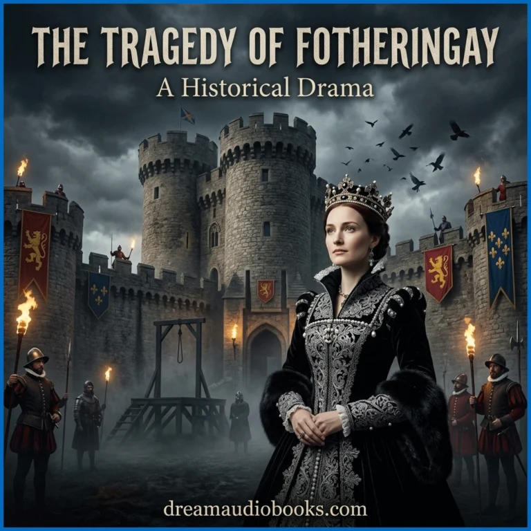 The Tragedy of Fotheringay audiobook cover featuring Mary Queen of Scots standing before Fotheringay Castle under a dramatic stormy sky