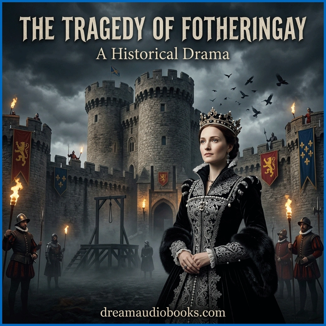 The Tragedy of Fotheringay audiobook cover featuring Mary Queen of Scots standing before Fotheringay Castle under a dramatic stormy sky