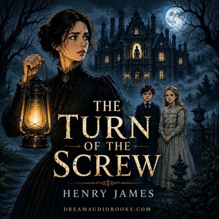 The Turn of the Screw audiobook cover featuring a Victorian governess holding a lantern before a haunted manor house, with ghostly figures and misty gothic surroundings inspired by Henry James' classic ghost story.