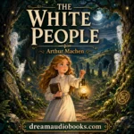 The White People audiobook cover featuring a young Victorian girl walking through an enchanted moonlit forest surrounded by mysterious spirits and ancient stones.