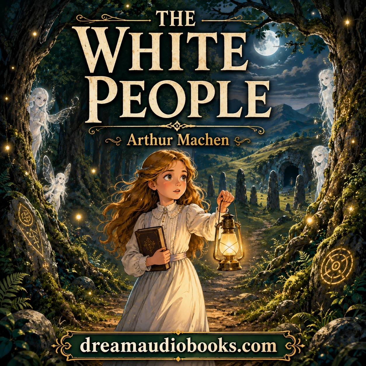 The White People audiobook cover featuring a young Victorian girl walking through an enchanted moonlit forest surrounded by mysterious spirits and ancient stones.