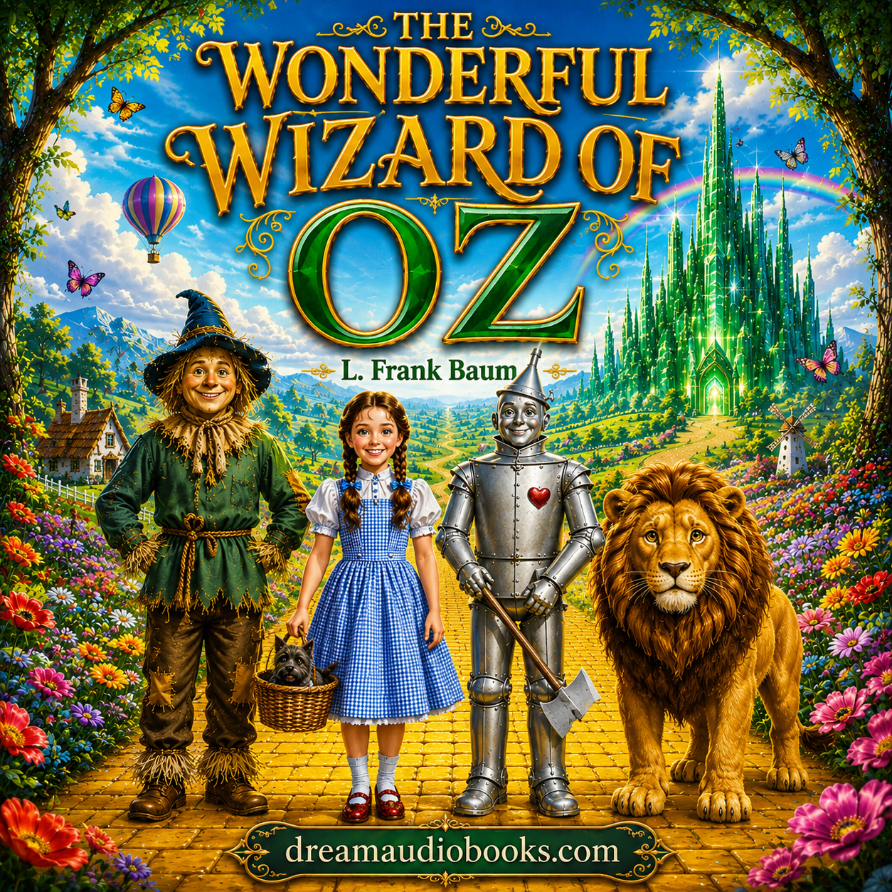 The Wonderful Wizard of Oz audiobook cover featuring Dorothy, the Scarecrow, the Tin Woodman, and the Cowardly Lion standing on the Yellow Brick Road with the Emerald City in the background.