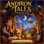 Andiron Tales audiobook cover featuring a young boy beside a magical fireplace with animated andirons, a smiling moon, flying ship, and fantasy world.