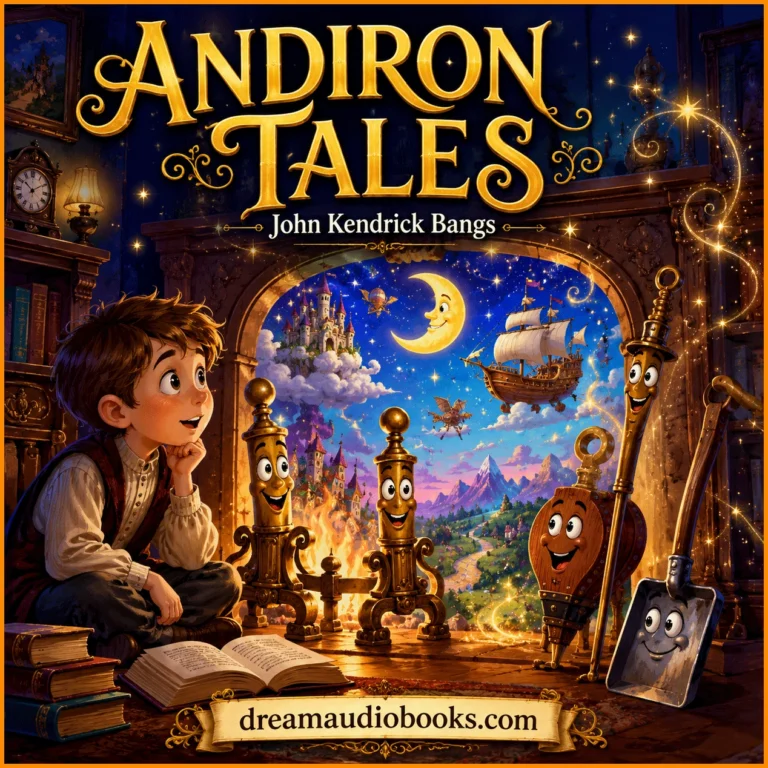 Andiron Tales audiobook cover featuring a young boy beside a magical fireplace with animated andirons, a smiling moon, flying ship, and fantasy world.