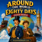 Around the World in 80 Days audiobook cover featuring Phileas Fogg and Passepartout standing before a globe with a steam train, steamship, and Big Ben in a colorful cartoon adventure scene.