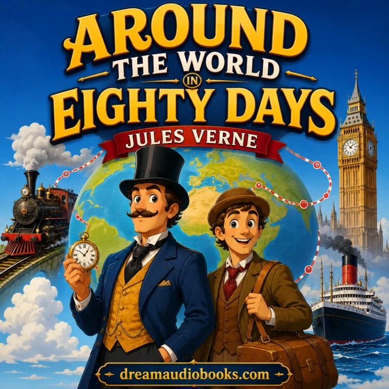 Around the World in 80 Days audiobook cover featuring Phileas Fogg and Passepartout standing before a globe with a steam train, steamship, and Big Ben in a colorful cartoon adventure scene.