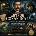 Best Arthur Conan Doyle Audiobooks cover featuring Arthur Conan Doyle, Sherlock Holmes, Baker Street, The Hound of the Baskervilles, The Lost World, and classic detective adventures.