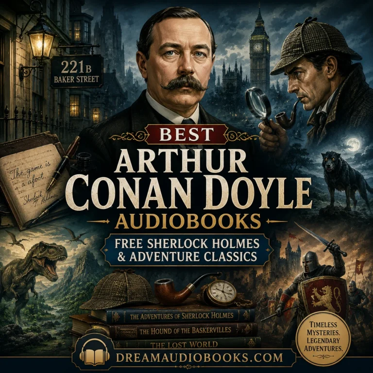 Best Arthur Conan Doyle Audiobooks cover featuring Arthur Conan Doyle, Sherlock Holmes, Baker Street, The Hound of the Baskervilles, The Lost World, and classic detective adventures.