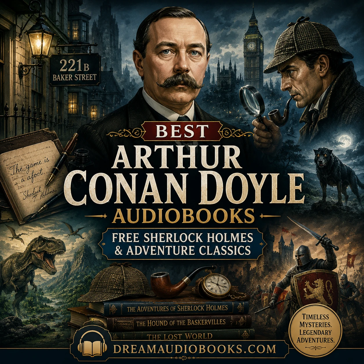 Best Arthur Conan Doyle Audiobooks cover featuring Arthur Conan Doyle, Sherlock Holmes, Baker Street, The Hound of the Baskervilles, The Lost World, and classic detective adventures.