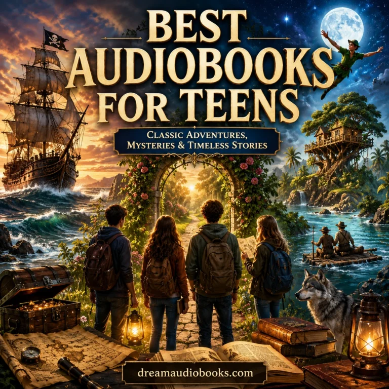 Best Audiobooks for Teens cover featuring young adventurers exploring magical worlds inspired by classic literature, adventure stories, mystery novels, and coming-of-age audiobooks.