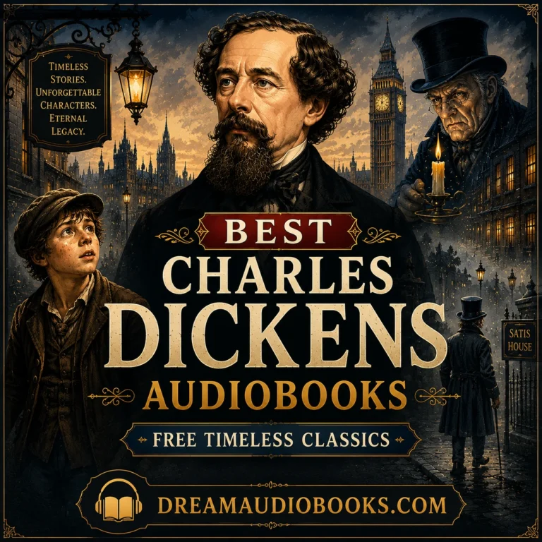Best Charles Dickens Audiobooks cover featuring Charles Dickens, Victorian London, Big Ben, Ebenezer Scrooge, Oliver Twist, Satis House, and classic literature.