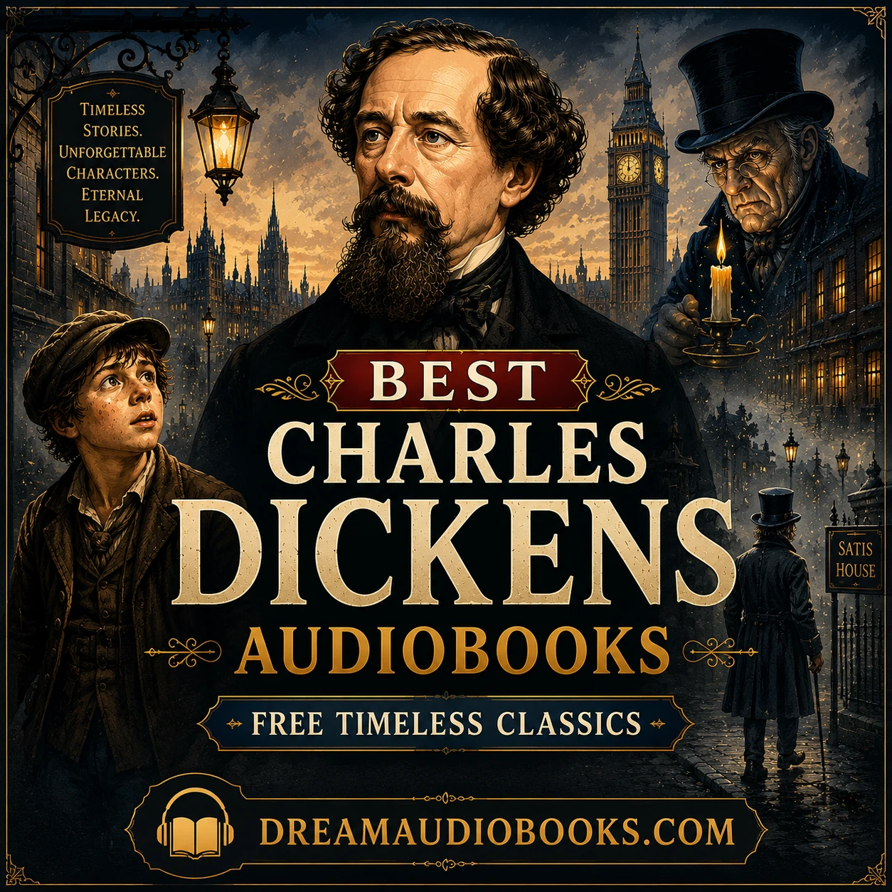 Best Charles Dickens Audiobooks cover featuring Charles Dickens, Victorian London, Big Ben, Ebenezer Scrooge, Oliver Twist, Satis House, and classic literature.