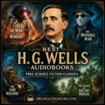 Best H. G. Wells Audiobooks cover featuring H. G. Wells, a Martian tripod, the Invisible Man, a time machine, and classic science fiction artwork.