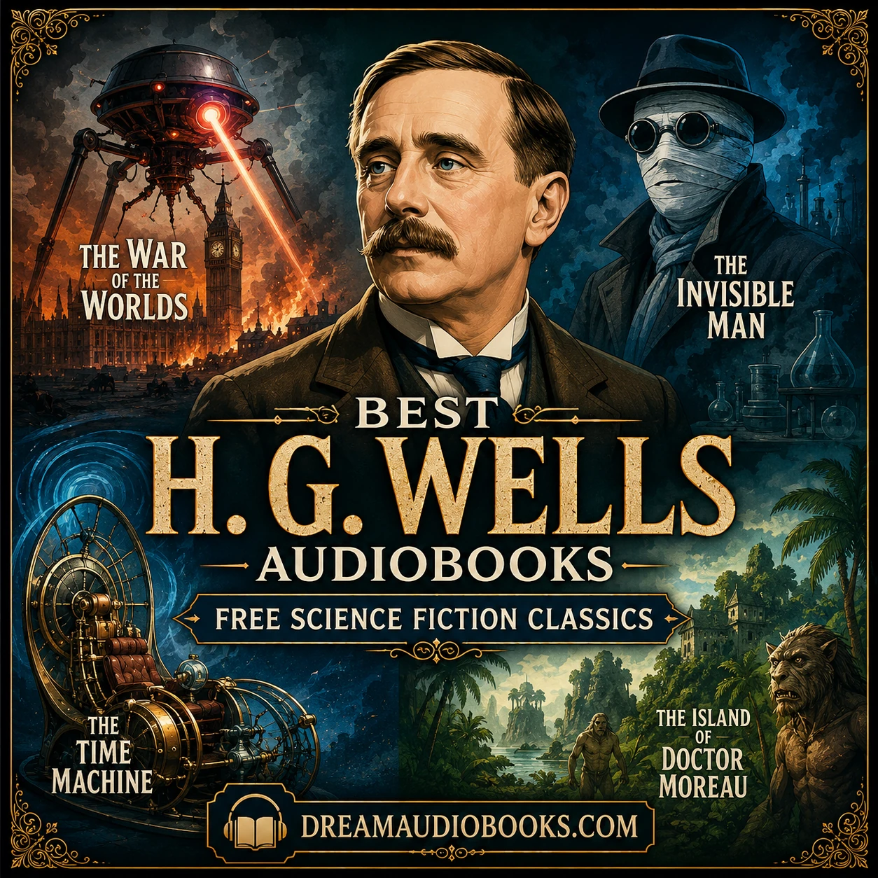 Best H. G. Wells Audiobooks cover featuring H. G. Wells, a Martian tripod, the Invisible Man, a time machine, and classic science fiction artwork.