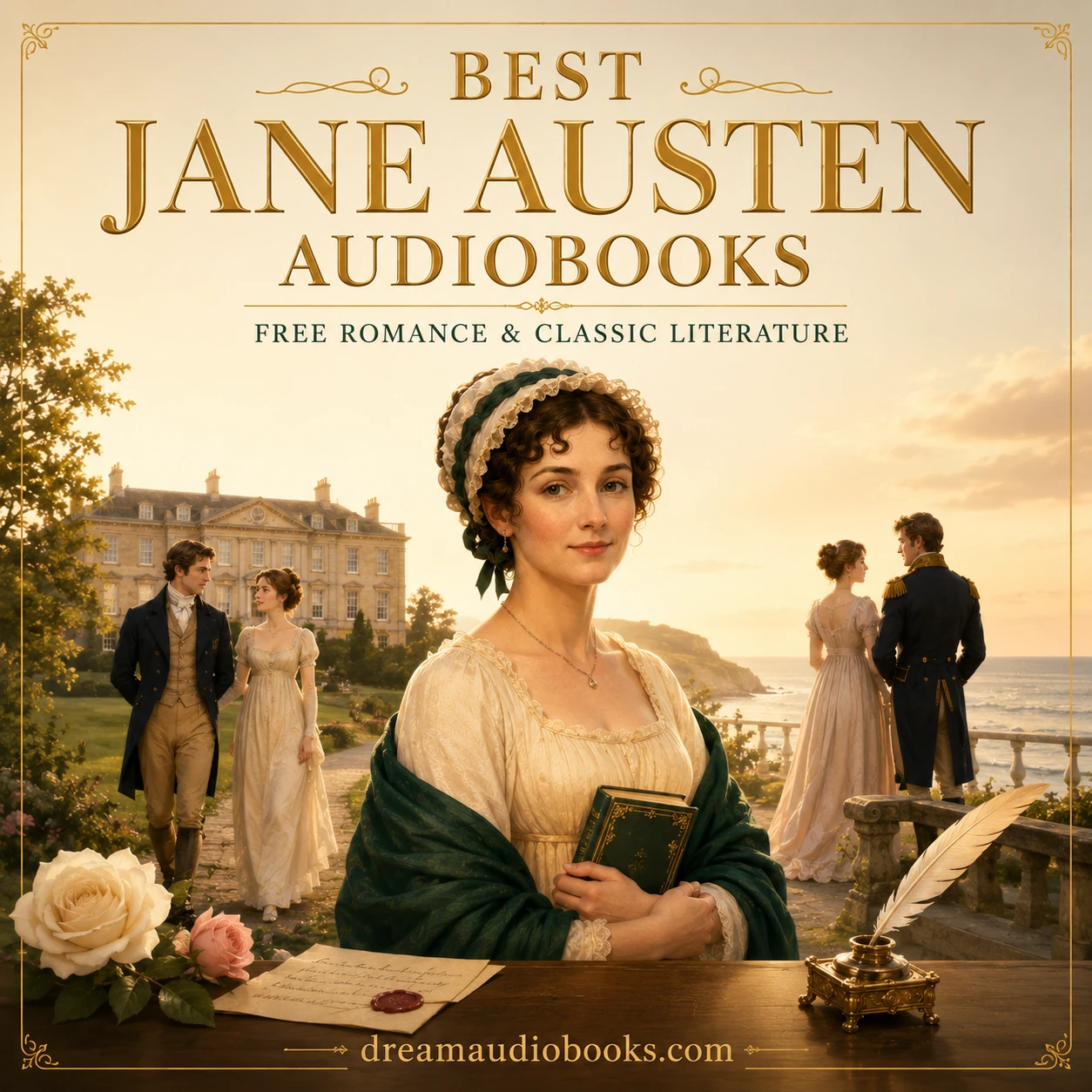 10 Best Jane Austen Audiobooks cover featuring Jane Austen, Pride and Prejudice, Emma, Persuasion, a Georgian manor house, and the English countryside.