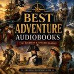 Best Adventure Audiobooks cover featuring pirates, explorers, mountains, ships, wilderness adventures, and classic journeys