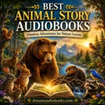 Best Animal Story Audiobooks cover featuring woodland animals, a bear, beaver, rabbits, birds, and a magical forest landscape