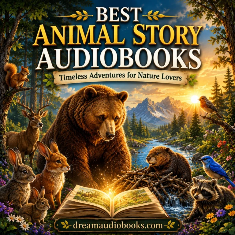 Best Animal Story Audiobooks cover featuring woodland animals, a bear, beaver, rabbits, birds, and a magical forest landscape