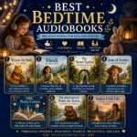 Best Bedtime Audiobooks cover featuring Winnie-the-Pooh, Heidi, The Secret Garden, Anne of Avonlea and relaxing bedtime stories for kids