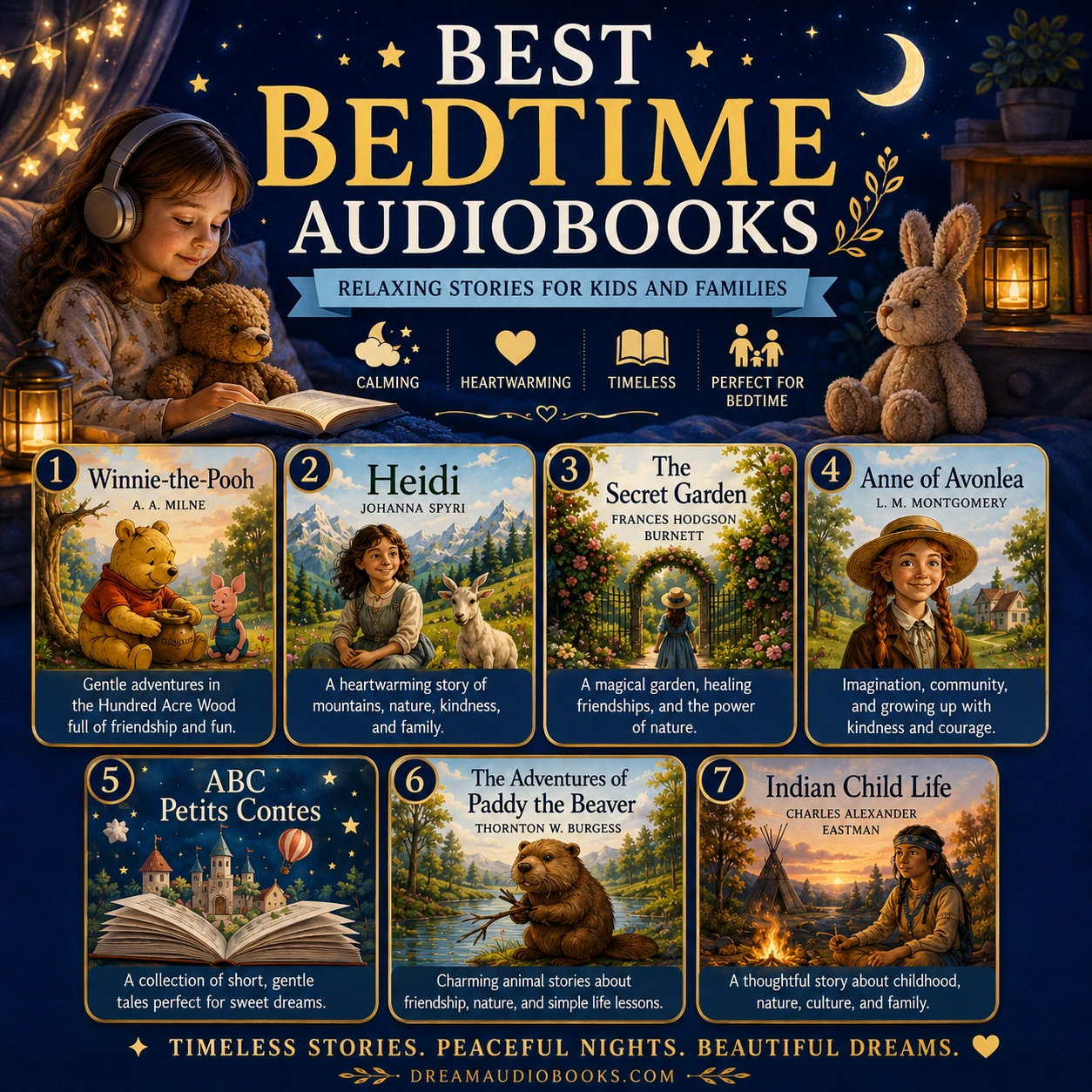 Best Bedtime Audiobooks cover featuring Winnie-the-Pooh, Heidi, The Secret Garden, Anne of Avonlea and relaxing bedtime stories for kids