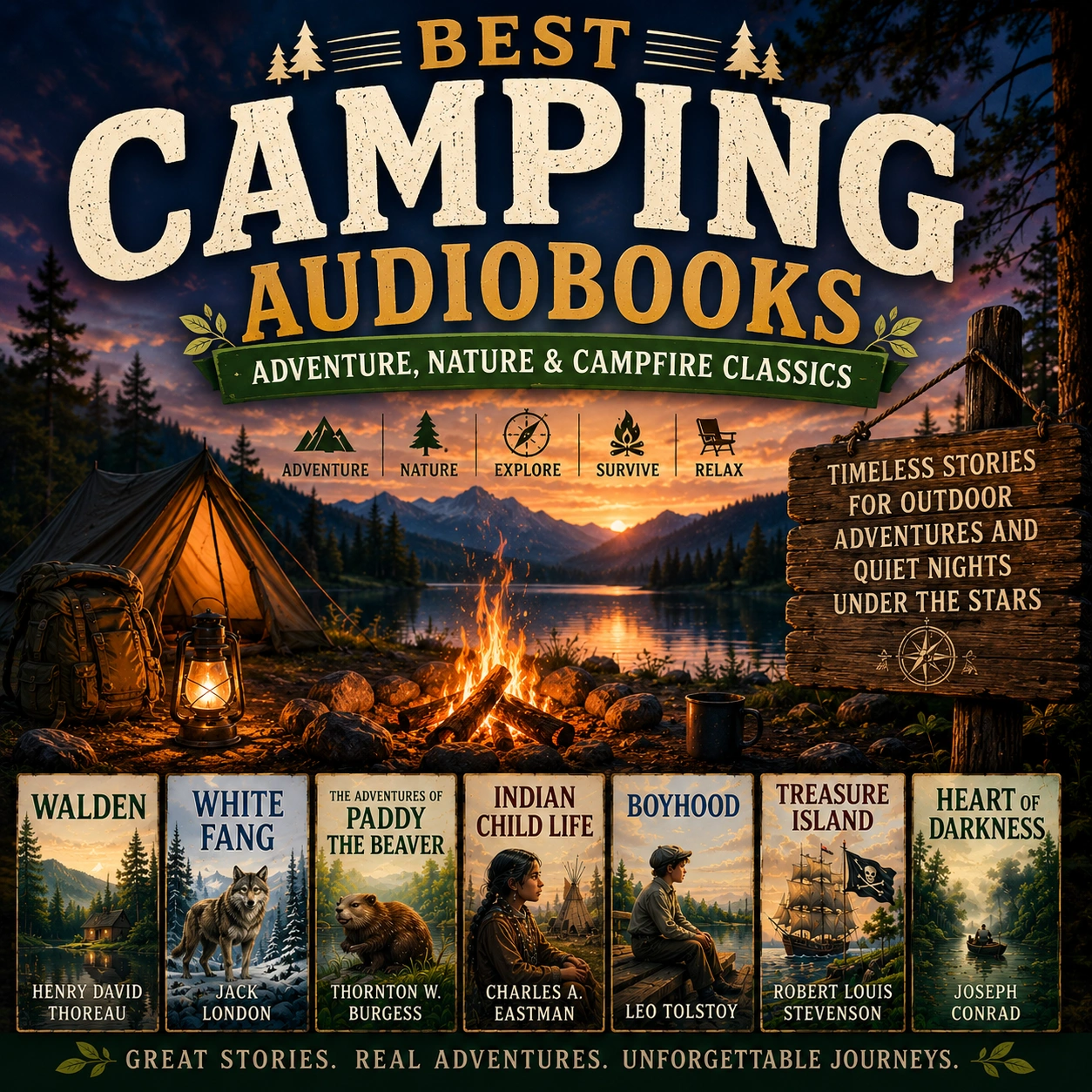 Best Camping Audiobooks cover featuring a lakeside campsite, campfire, mountains, forest scenery, and classic outdoor adventure audiobooks