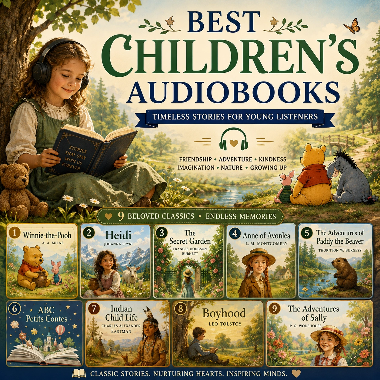 Best Children's Audiobooks cover featuring Winnie-the-Pooh, Heidi, The Secret Garden, Anne of Avonlea and classic stories for young listeners