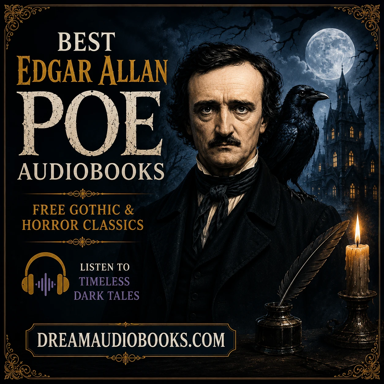 Best Edgar Allan Poe Audiobooks cover featuring Edgar Allan Poe, a raven, a gothic mansion, full moon, and dark horror atmosphere.