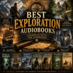 Best Exploration Audiobooks cover featuring explorers, Treasure Island, White Fang, Heart of Darkness, wilderness journeys, and classic adventure stories