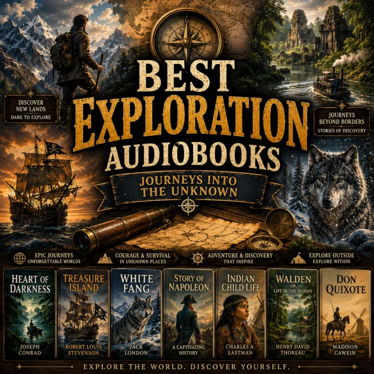 Best Exploration Audiobooks cover featuring explorers, Treasure Island, White Fang, Heart of Darkness, wilderness journeys, and classic adventure stories