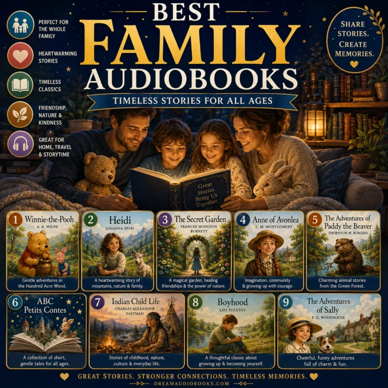 Best Family Audiobooks cover featuring Winnie-the-Pooh, Heidi, The Secret Garden, Anne of Avonlea and timeless family stories