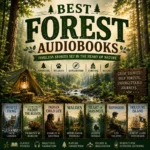 Best Forest Audiobooks cover featuring a forest campsite, woodland stream, White Fang, Walden, and classic nature adventure audiobooks