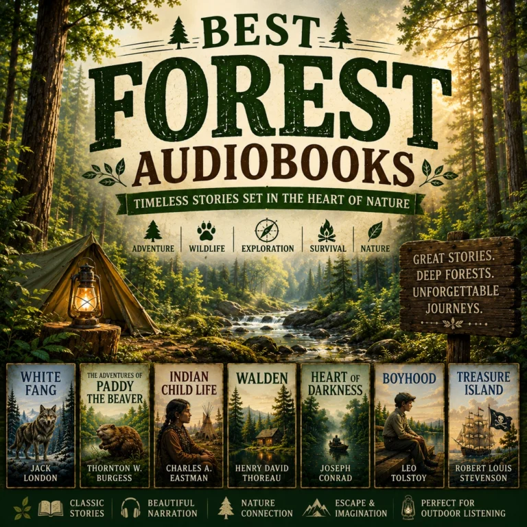 Best Forest Audiobooks cover featuring a forest campsite, woodland stream, White Fang, Walden, and classic nature adventure audiobooks