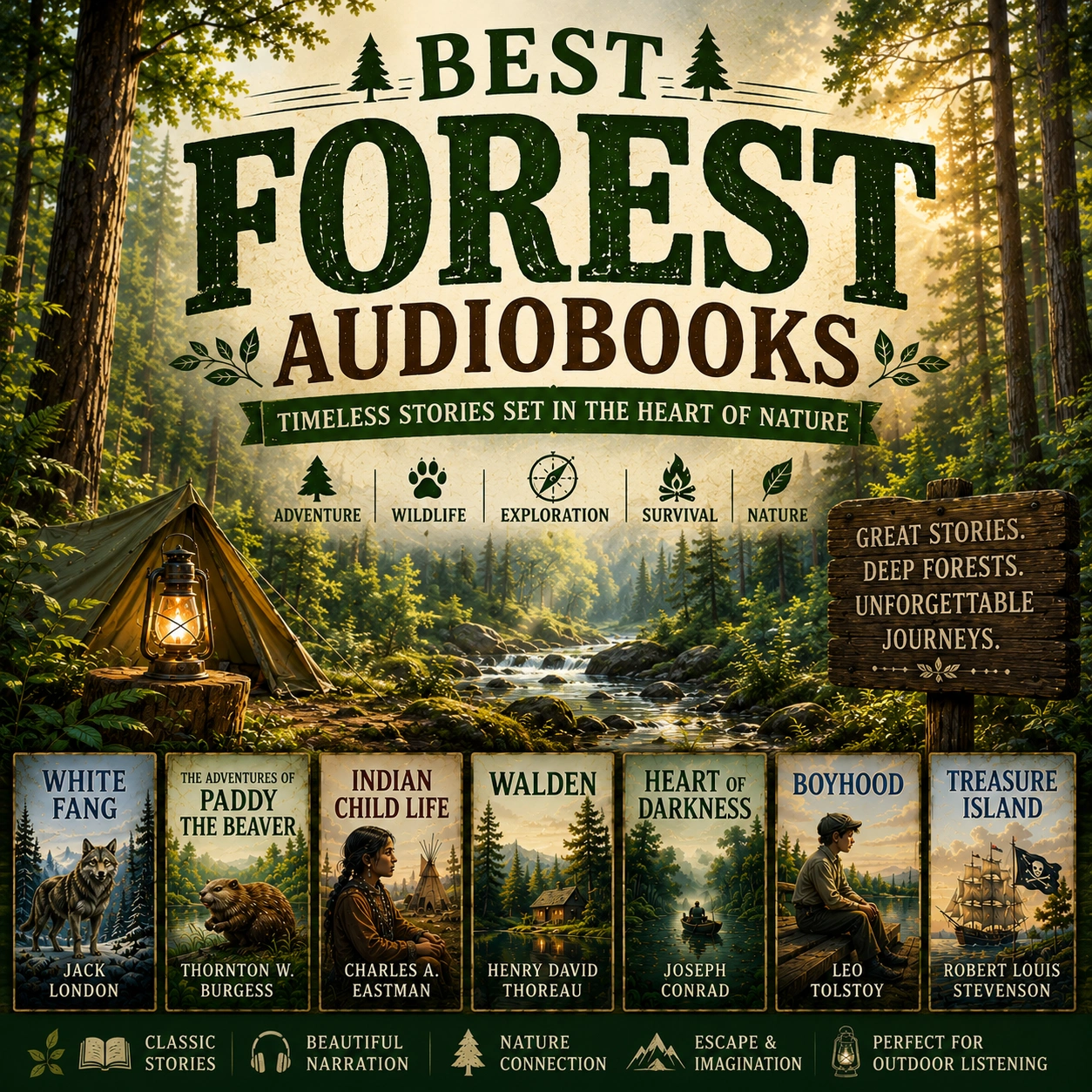 Best Forest Audiobooks cover featuring a forest campsite, woodland stream, White Fang, Walden, and classic nature adventure audiobooks