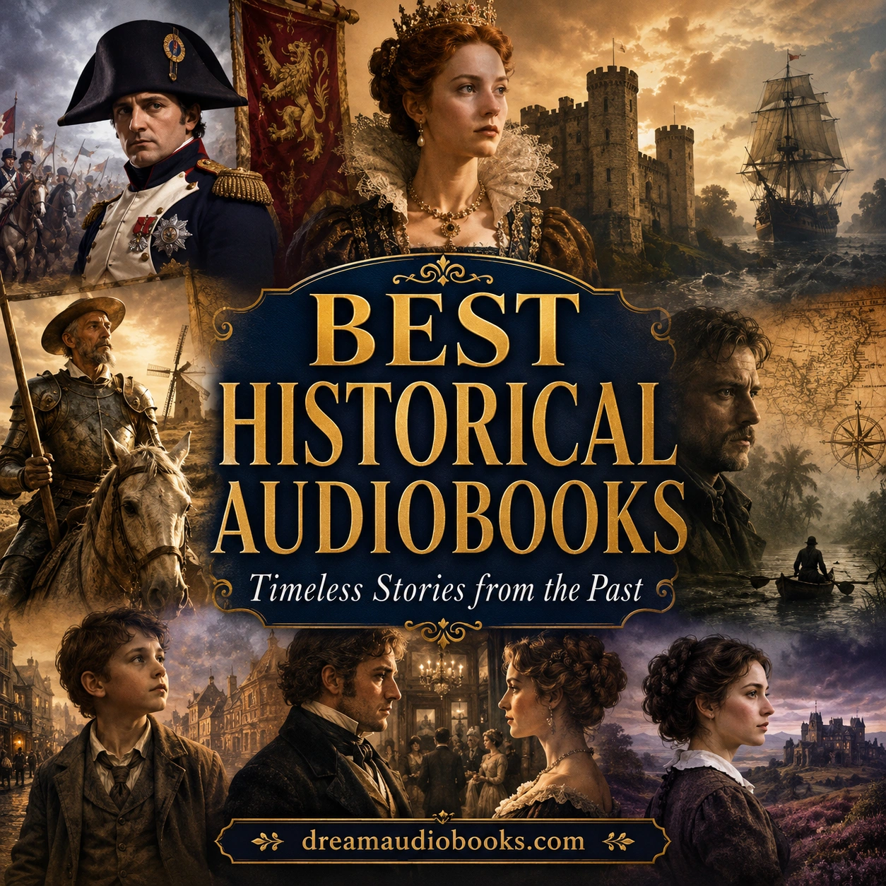 Best Historical Audiobooks cover featuring historical figures, castles, ships, royalty, and classic literature from different eras