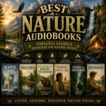 Best Nature Audiobooks cover featuring White Fang, Walden, wilderness landscapes, forests, rivers, wildlife, and nature classics