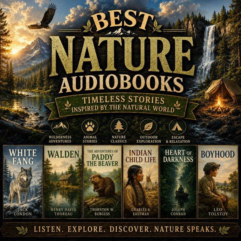 Best Nature Audiobooks cover featuring White Fang, Walden, wilderness landscapes, forests, rivers, wildlife, and nature classics