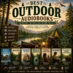 Best Outdoor Audiobooks cover featuring wilderness camping, mountain lake, White Fang, Walden, Treasure Island, and classic outdoor adventures
