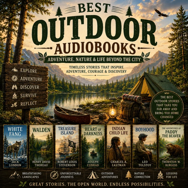Best Outdoor Audiobooks cover featuring wilderness camping, mountain lake, White Fang, Walden, Treasure Island, and classic outdoor adventures