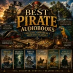 Best Pirate Audiobooks cover featuring Treasure Island, pirate ships, hidden treasure, tropical islands, and classic sea adventures