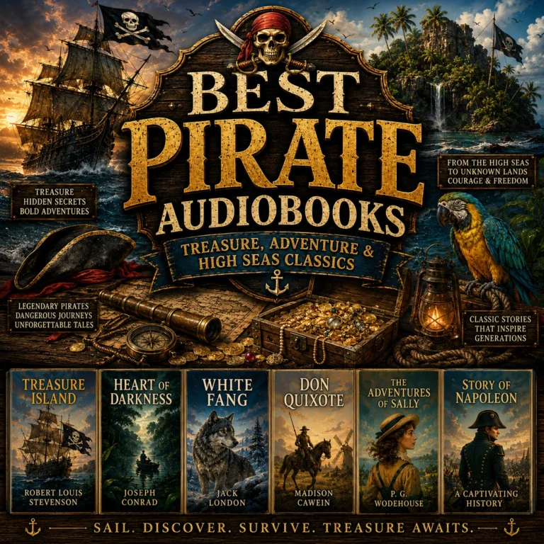 Best Pirate Audiobooks cover featuring Treasure Island, pirate ships, hidden treasure, tropical islands, and classic sea adventures