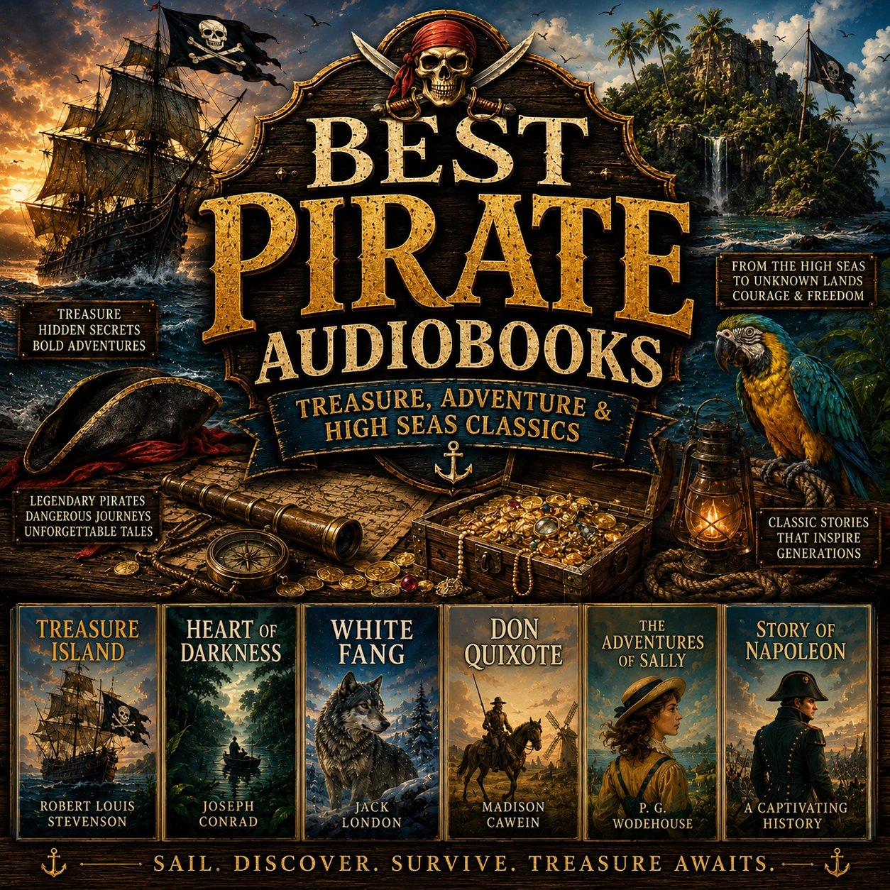 Best Pirate Audiobooks cover featuring Treasure Island, pirate ships, hidden treasure, tropical islands, and classic sea adventures